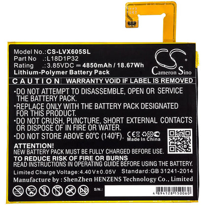3.85V, 4850mAh, Li-Polymer Battery fits Lenovo, Smart Tab M10, Tb-x605f, 18.6725Wh