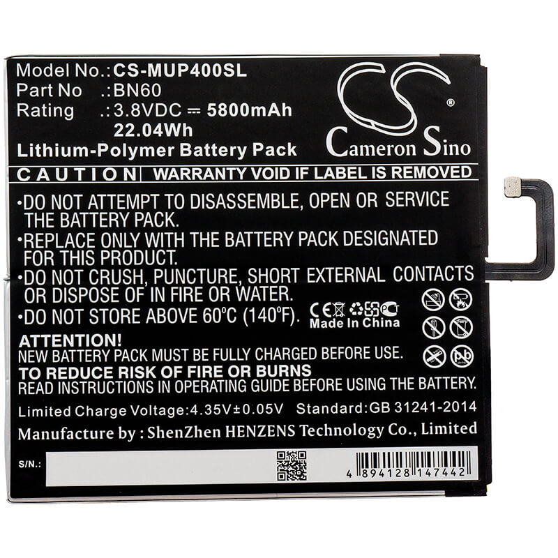 3.8V, 5800mAh, Li-Polymer Battery fits Xiaomi, Clover, M1806d9e, 22.04Wh