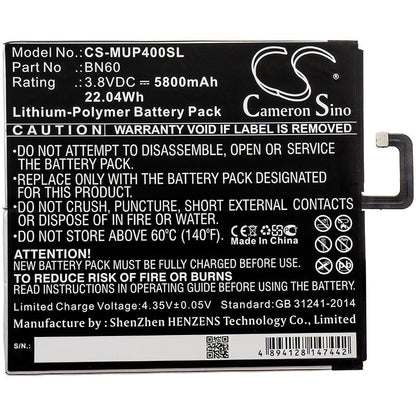 3.8V, 5800mAh, Li-Polymer Battery fits Xiaomi, Clover, M1806d9e, 22.04Wh