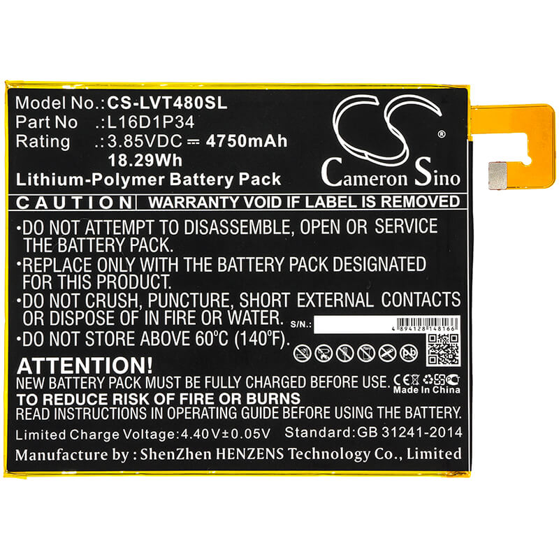 3.85V, 4750mAh, Li-Polymer Battery fits Lenovo, Tab4 8, Tab4 8 Plus, 18.2875Wh