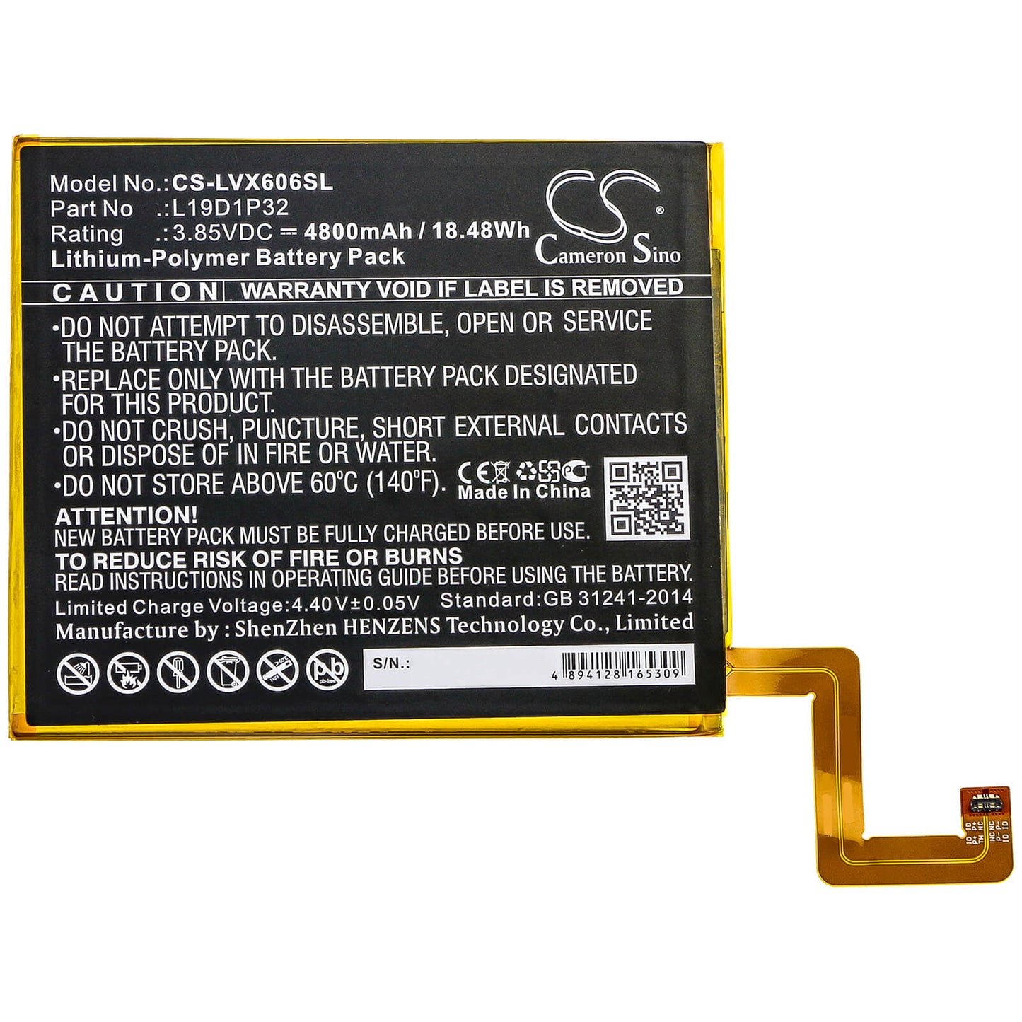 3.85V, 4800mAh, Li-Polymer Battery fits Lenovo, Tab M10 Plus, Tb-x606f, 18.48Wh