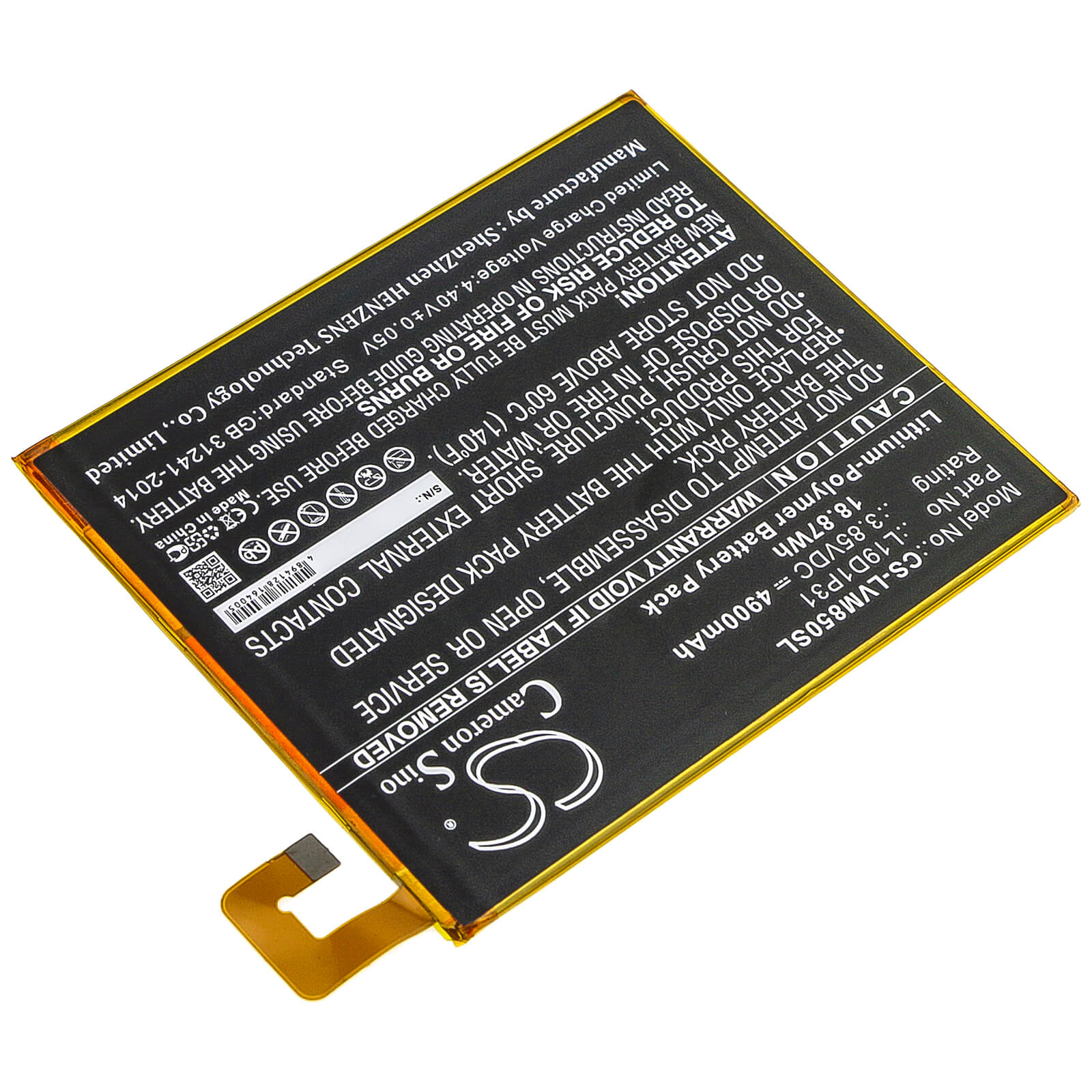 3.85V, 4900mAh, Li-Polymer Battery fits Lenovo, Tab M8, Tb8505f, 18.865Wh