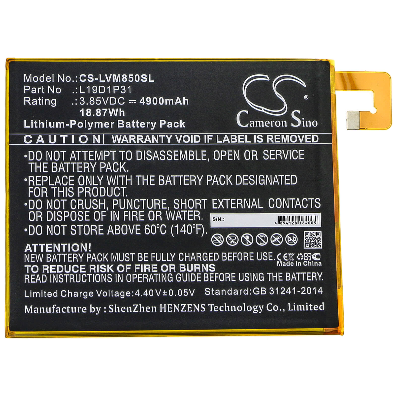 3.85V, 4900mAh, Li-Polymer Battery fits Lenovo, Tab M8, Tb8505f, 18.865Wh