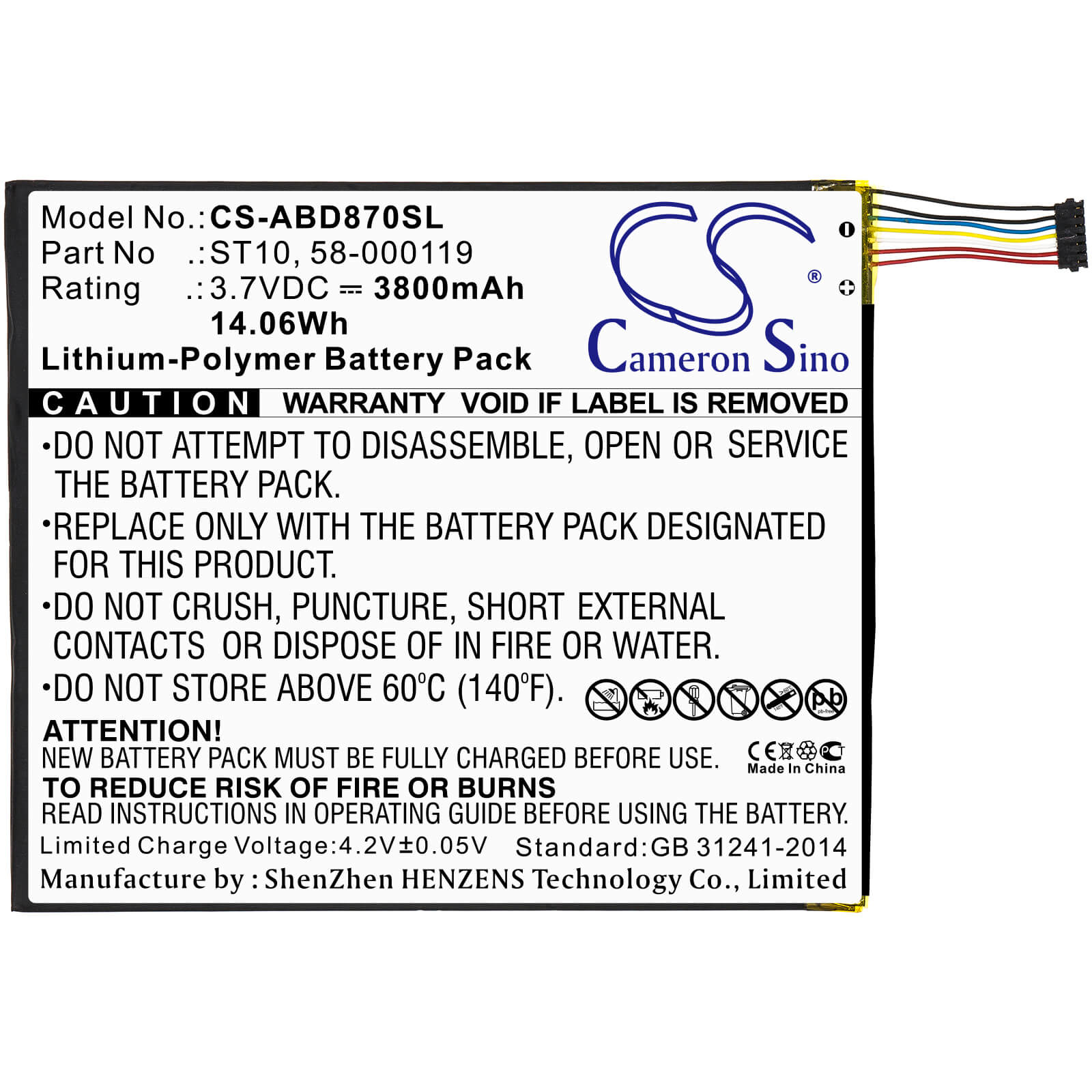 3.7V, 3800mAh, Li-Polymer Battery fits Amazon, B00vkiy9rg, Kindle Fire Hd 10, 14.06Wh