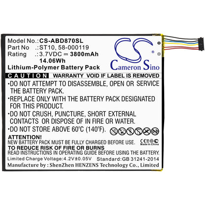3.7V, 3800mAh, Li-Polymer Battery fits Amazon, B00vkiy9rg, Kindle Fire Hd 10, 14.06Wh