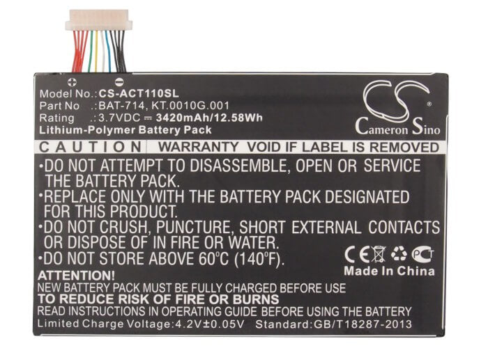 3.7V, 3420mAh, Li-Polymer Battery fits Acer, Iconia Tab A110, 12.654Wh