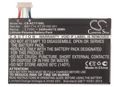 3.7V, 3420mAh, Li-Polymer Battery fits Acer, Iconia Tab A110, 12.654Wh