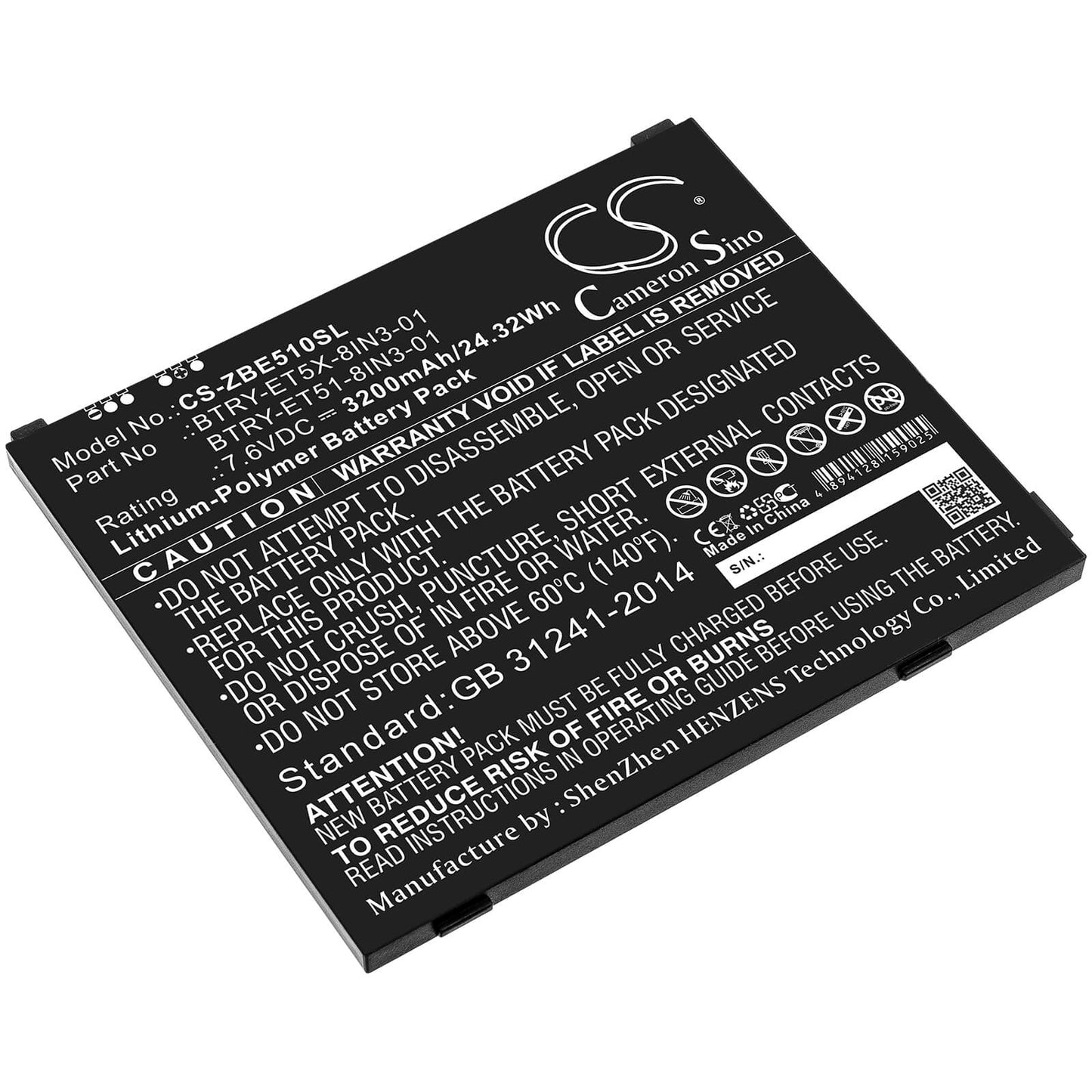 7.6V, 3200mAh, Li-Polymer Battery fits Zebra, Et51, Et51 Windows Os, 24.32Wh