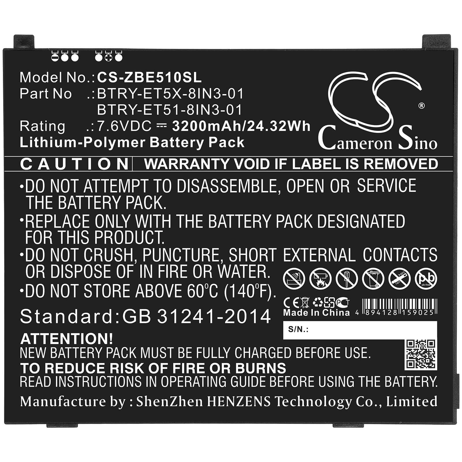 7.6V, 3200mAh, Li-Polymer Battery fits Zebra, Et51, Et51 Windows Os, 24.32Wh