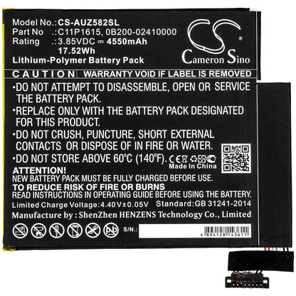 3.85V, 4550mAh, Li-Polymer Battery fits Asus, P00j, Zenpad Z8s, 17.5175Wh