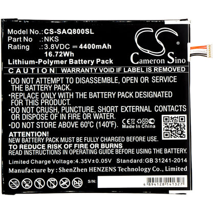 3.8V, 4400mAh, Li-Polymer Battery fits Sprint, Aqt80, Slate 80, 16.72Wh