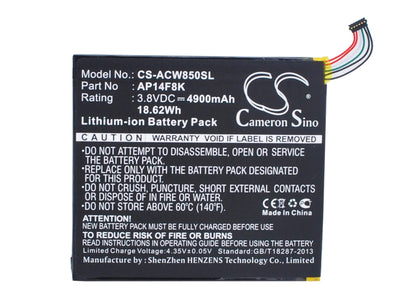 3.8V, 4900mAh, Li-Polymer Battery fits Acer, A1-840, A1-850-a1410, 18.62Wh