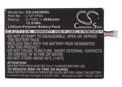 3.7V, 3650mAh, Li-Polymer Battery fits Lenovo, Ideapad A1000l-f60041, Ideapad A1010, 13.505Wh