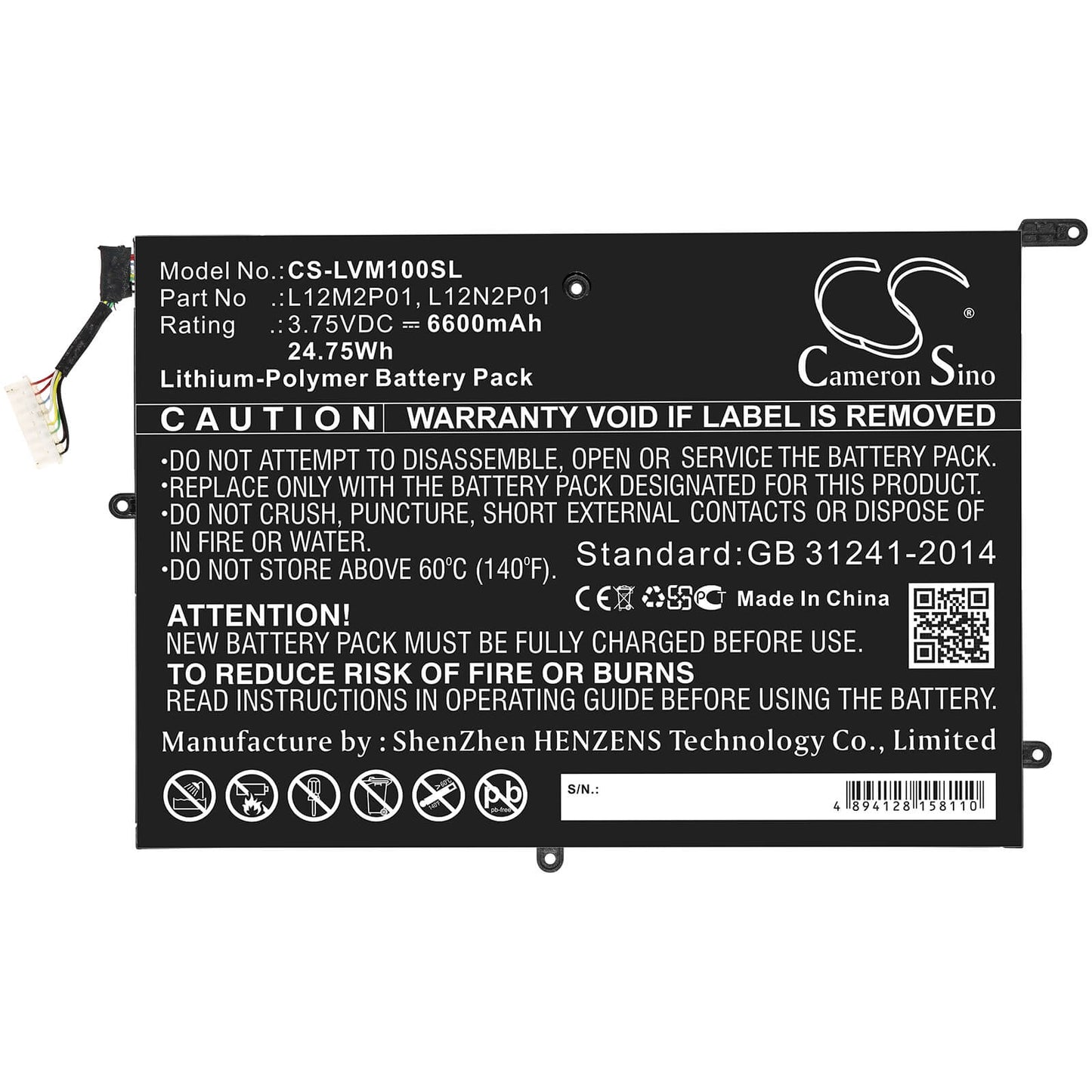 3.75V, 6600mAh, Li-Polymer Battery fits Lenovo, Miix 10, Thinkpad Tablet 2 3679 - 10.1, 24.75Wh