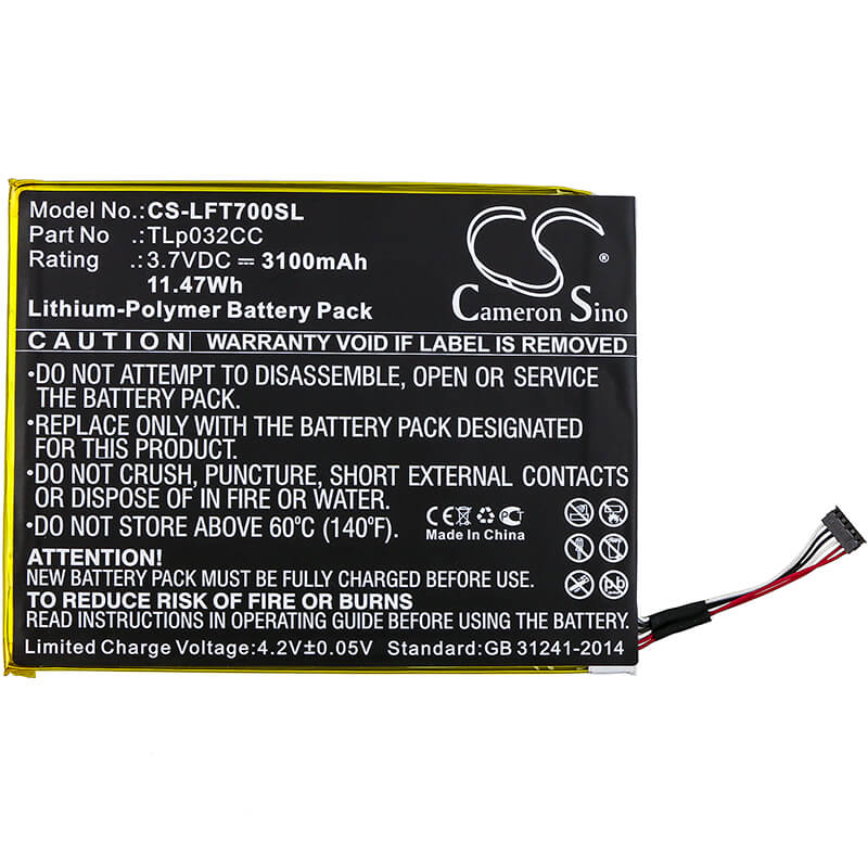 3.7V, 3100mAh, Li-Polymer Battery fits Alcatel, 9005x, One Touch Pixi 3 8.0, 11.47Wh