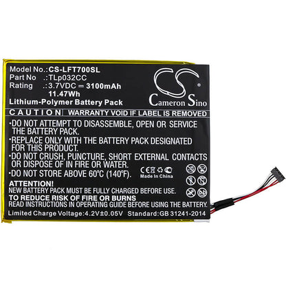 3.7V, 3100mAh, Li-Polymer Battery fits Alcatel, 9005x, One Touch Pixi 3 8.0, 11.47Wh