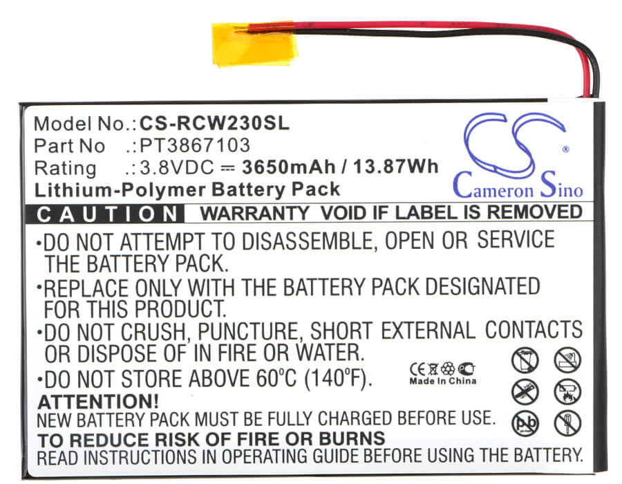 3.8V, 3650mAh, Li-Polymer Battery fits Rca, 7", Rct6272w23, 13.87Wh