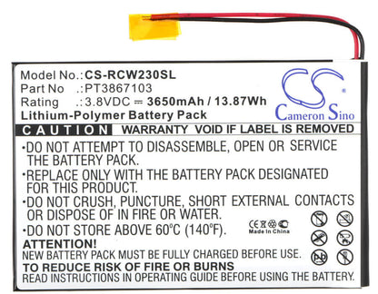 3.8V, 3650mAh, Li-Polymer Battery fits Rca, 7", Rct6272w23, 13.87Wh