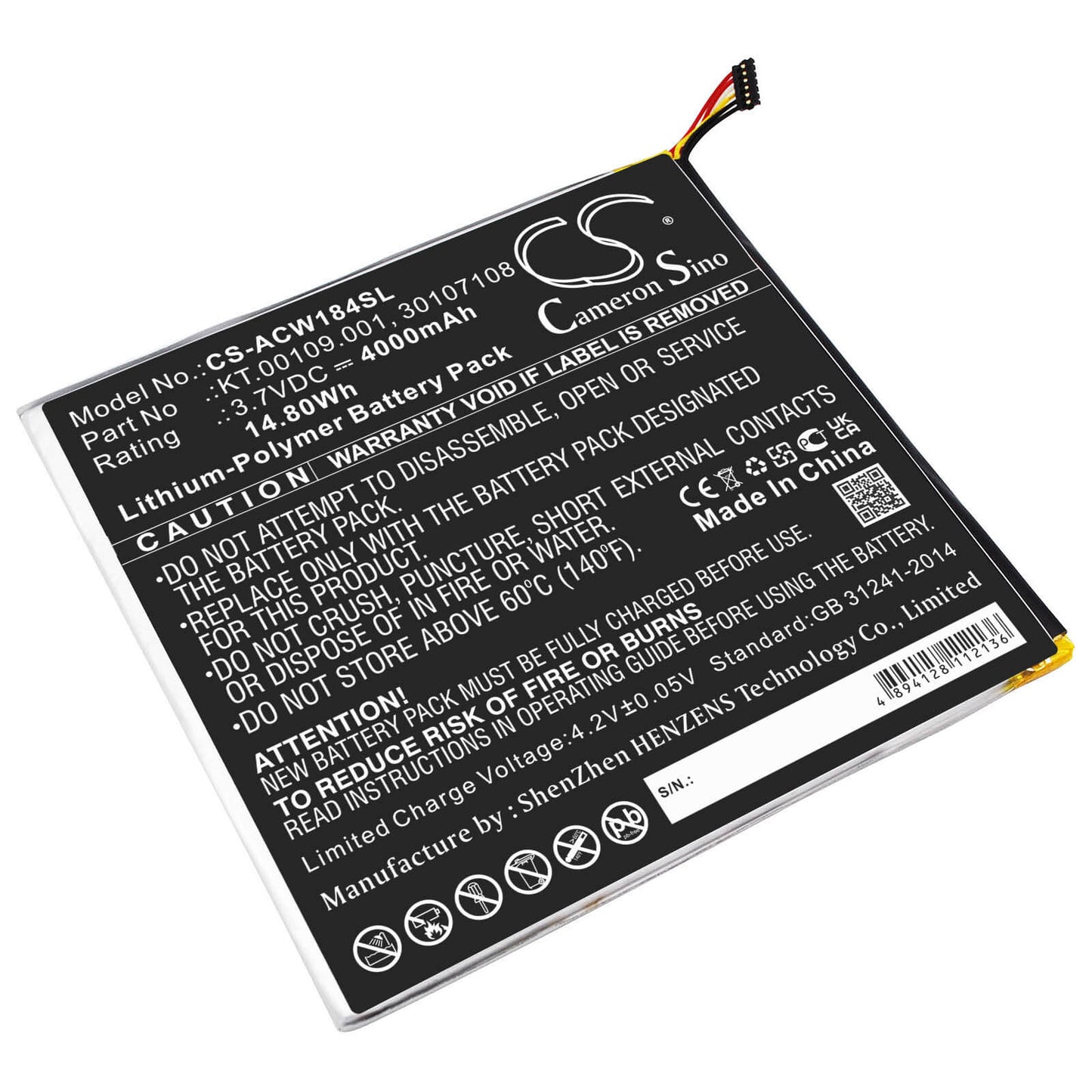 3.7V, 4000mAh, Li-Polymer Battery fits Acer, A1-840-131u, A1-840-16pt, 14.8Wh