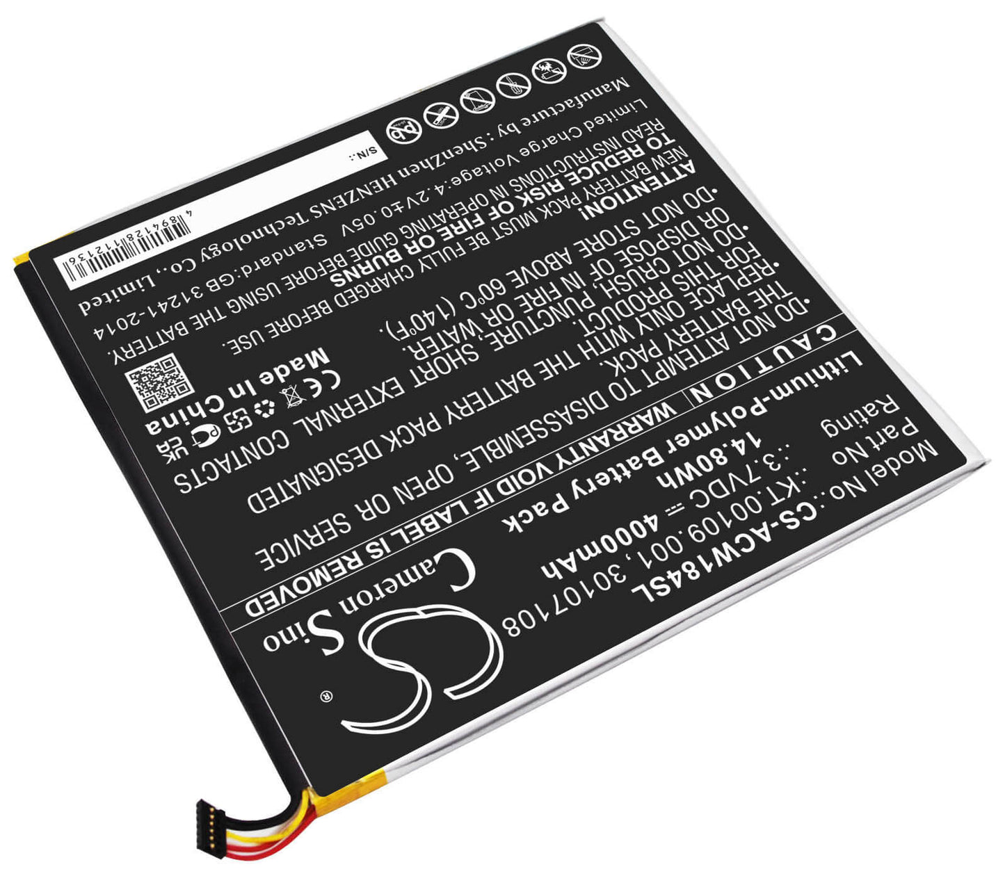 3.7V, 4000mAh, Li-Polymer Battery fits Acer, A1-840-131u, A1-840-16pt, 14.8Wh