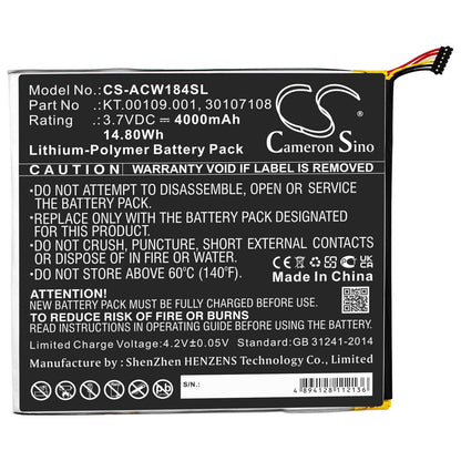 3.7V, 4000mAh, Li-Polymer Battery fits Acer, A1-840-131u, A1-840-16pt, 14.8Wh