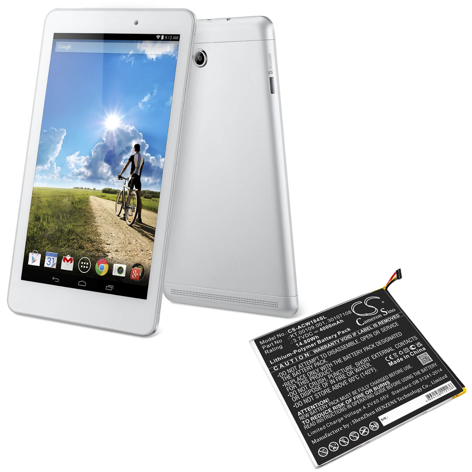 3.7V, 4000mAh, Li-Polymer Battery fits Acer, A1-840-131u, A1-840-16pt, 14.8Wh
