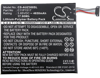 3.85V, 4650mAh, Li-Polymer Battery fits Asus, Pad Zenpad Zenpad 10 Z0310m, Pad Zenpad Zenpad 10 Z300m, 17.9025Wh