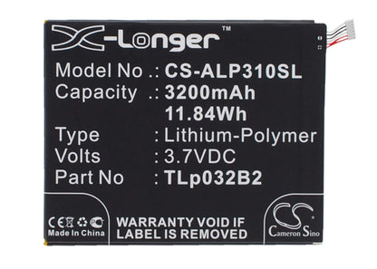 3.7V, 3200mAh, Li-Polymer Battery fits Alcatel, One Touch Pixi 3 8.0 3g, One Touch Pixi 3 8.0 Wifi, 11.84Wh
