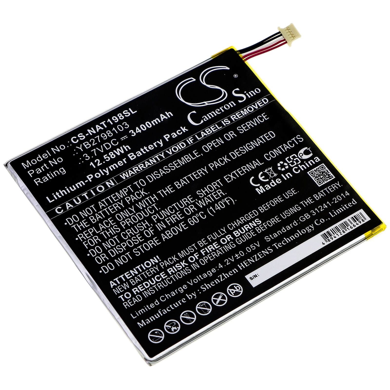 3.7V, 3400mAh, Li-Polymer Battery fits Onn, Ona19tb002, Tablet 8, 12.58Wh