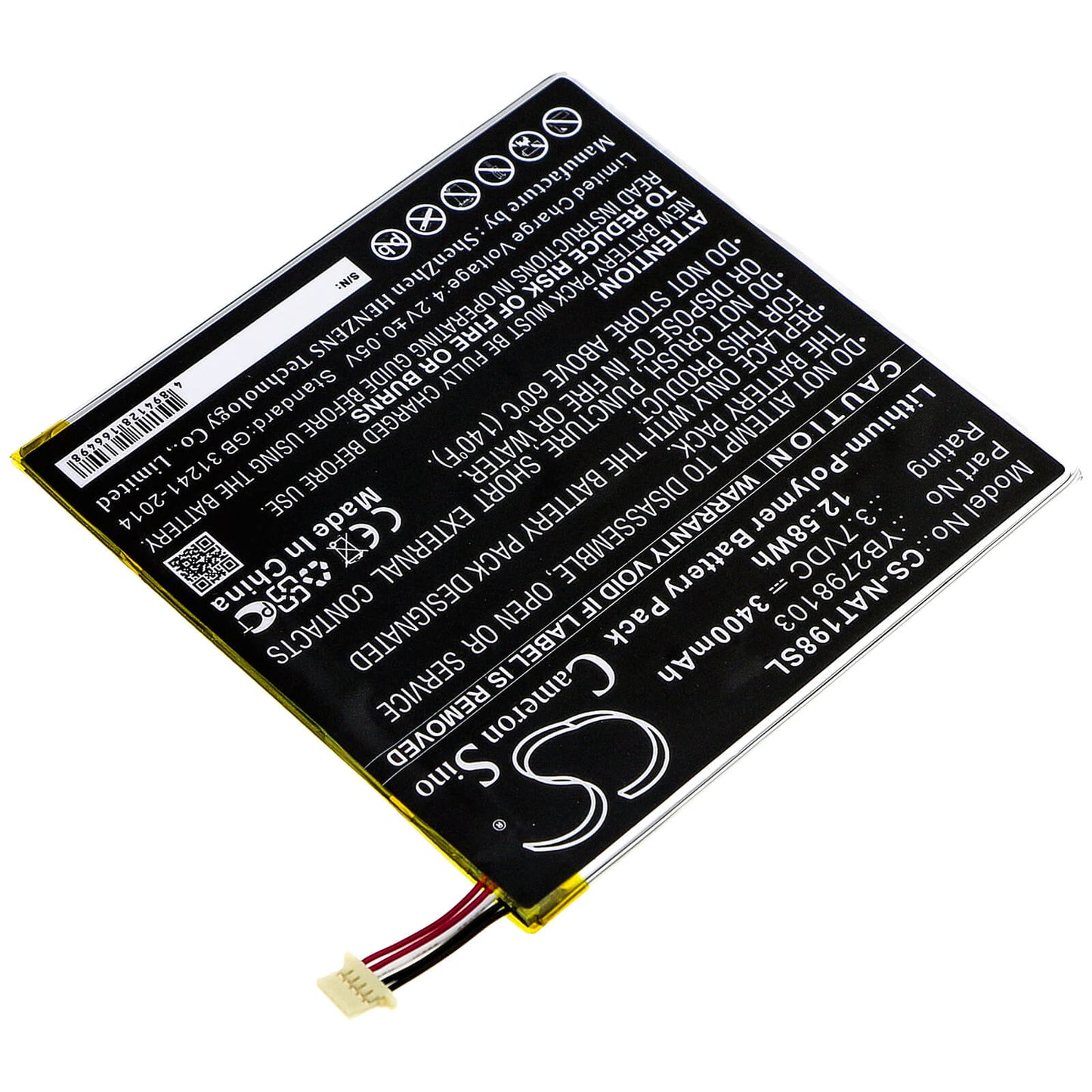 3.7V, 3400mAh, Li-Polymer Battery fits Onn, Ona19tb002, Tablet 8, 12.58Wh