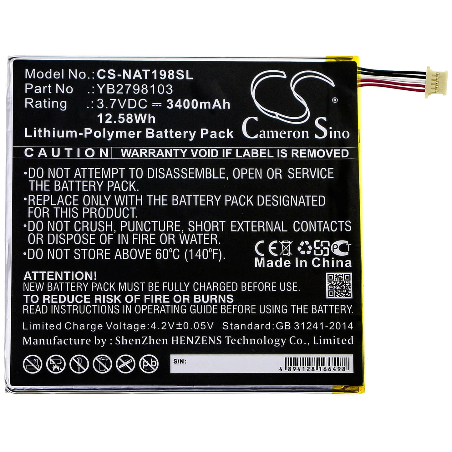 3.7V, 3400mAh, Li-Polymer Battery fits Onn, Ona19tb002, Tablet 8, 12.58Wh