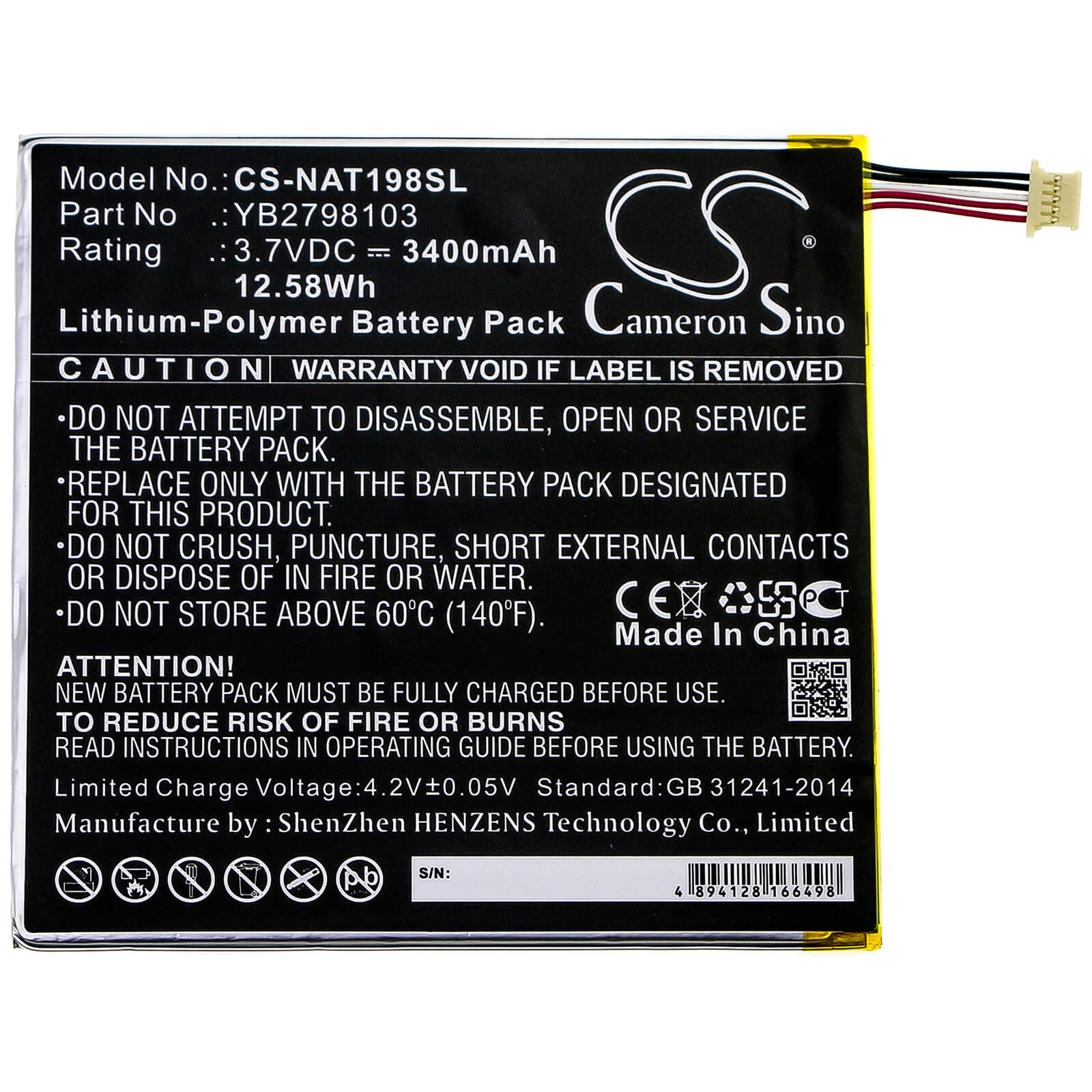 3.7V, 3400mAh, Li-Polymer Battery fits Onn, Ona19tb002, Tablet 8, 12.58Wh