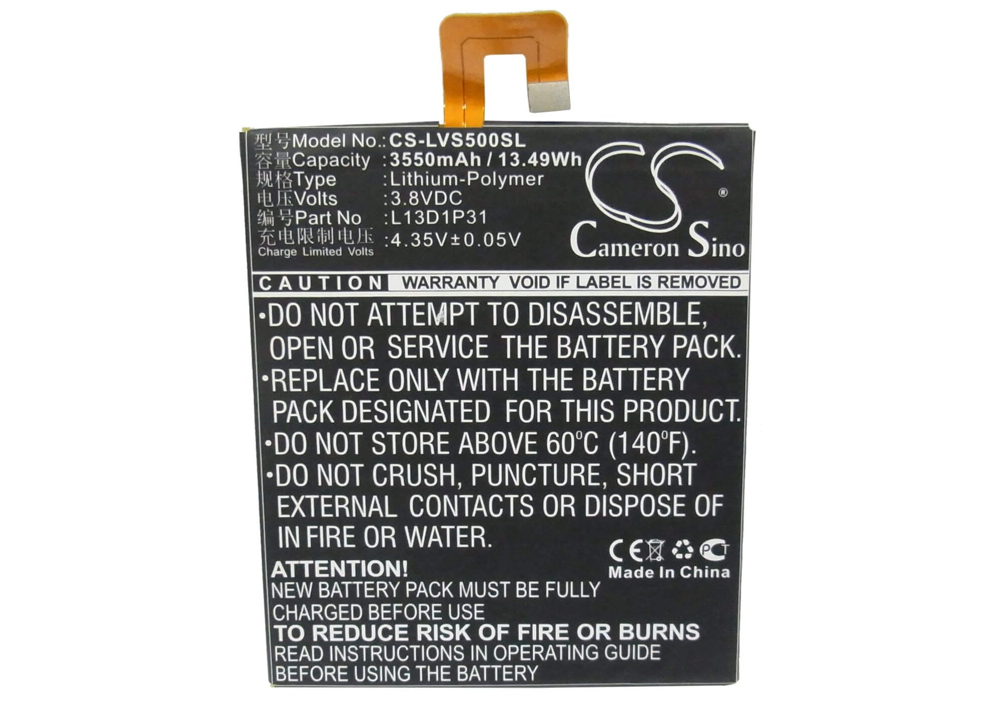 3.8V, 3550mAh, Li-Polymer Battery fits Lenovo, A3500, A3500fl 7", 13.49Wh