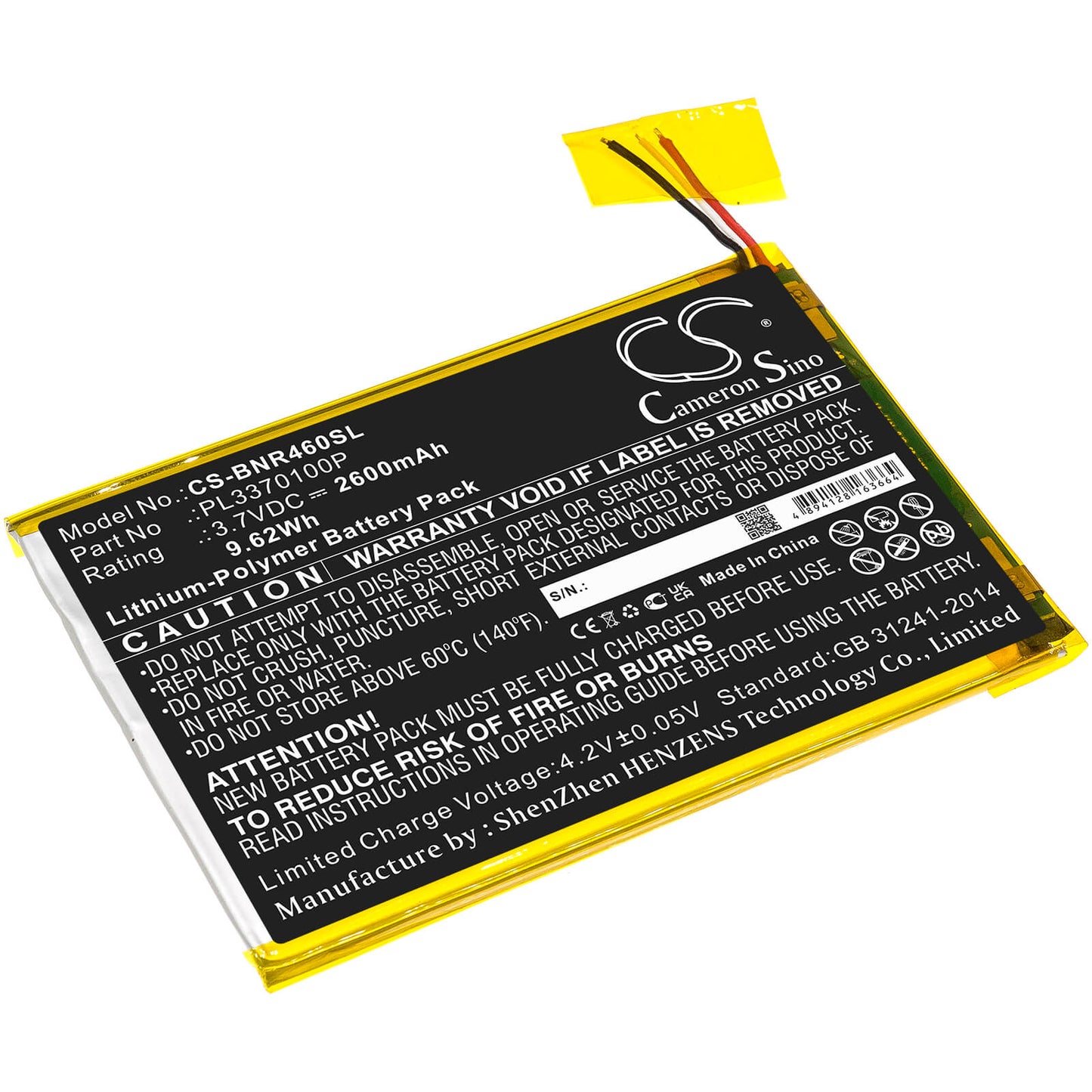 3.7V, 2600mAh, Li-Polymer Battery fits Barnes & Noble, Bntv450, Bntv460, 9.62Wh