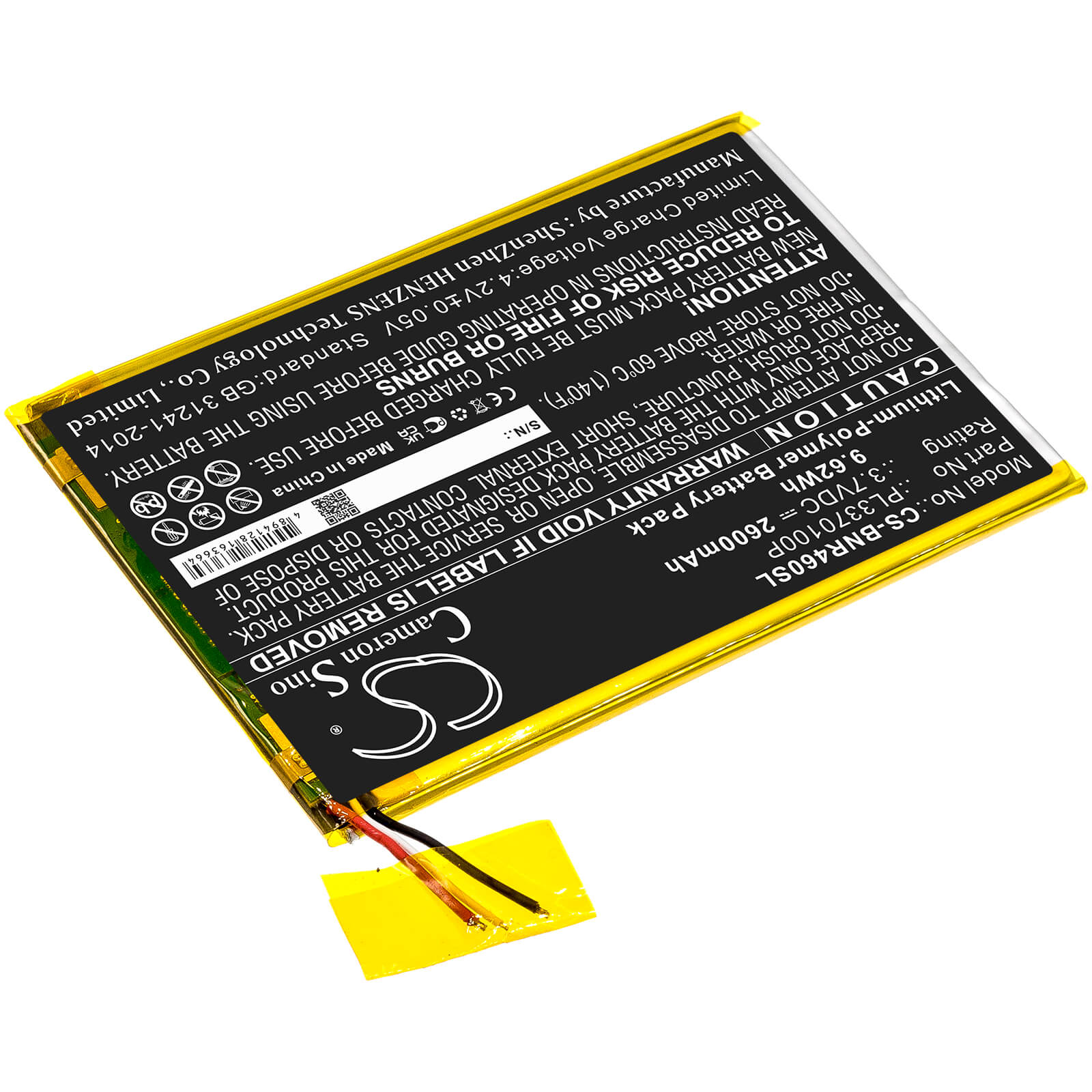 3.7V, 2600mAh, Li-Polymer Battery fits Barnes & Noble, Bntv450, Bntv460, 9.62Wh