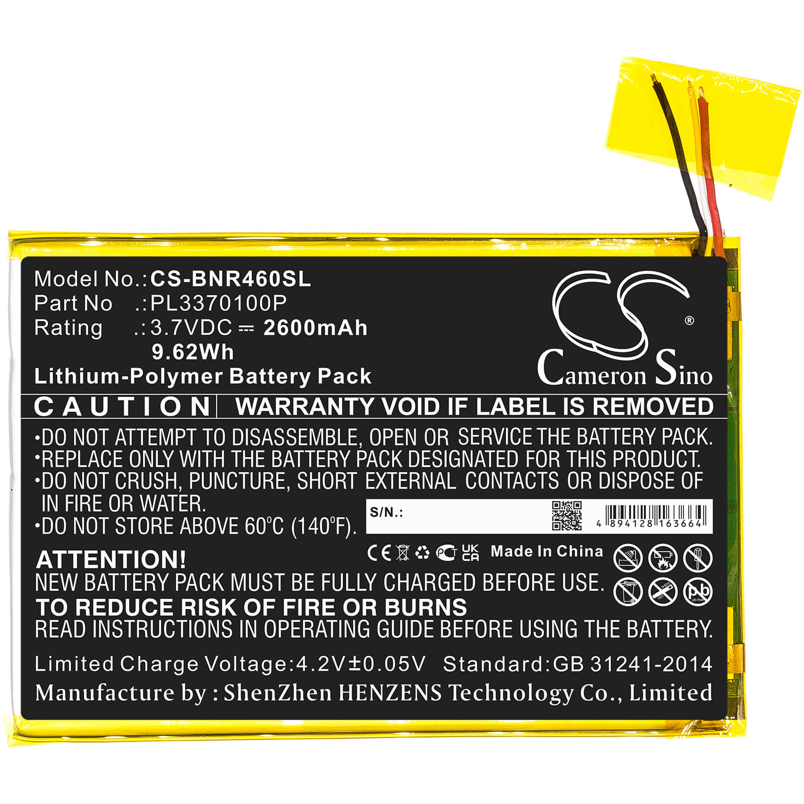 3.7V, 2600mAh, Li-Polymer Battery fits Barnes & Noble, Bntv450, Bntv460, 9.62Wh