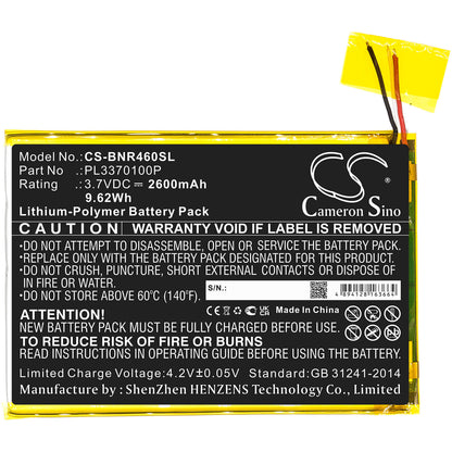 3.7V, 2600mAh, Li-Polymer Battery fits Barnes & Noble, Bntv450, Bntv460, 9.62Wh