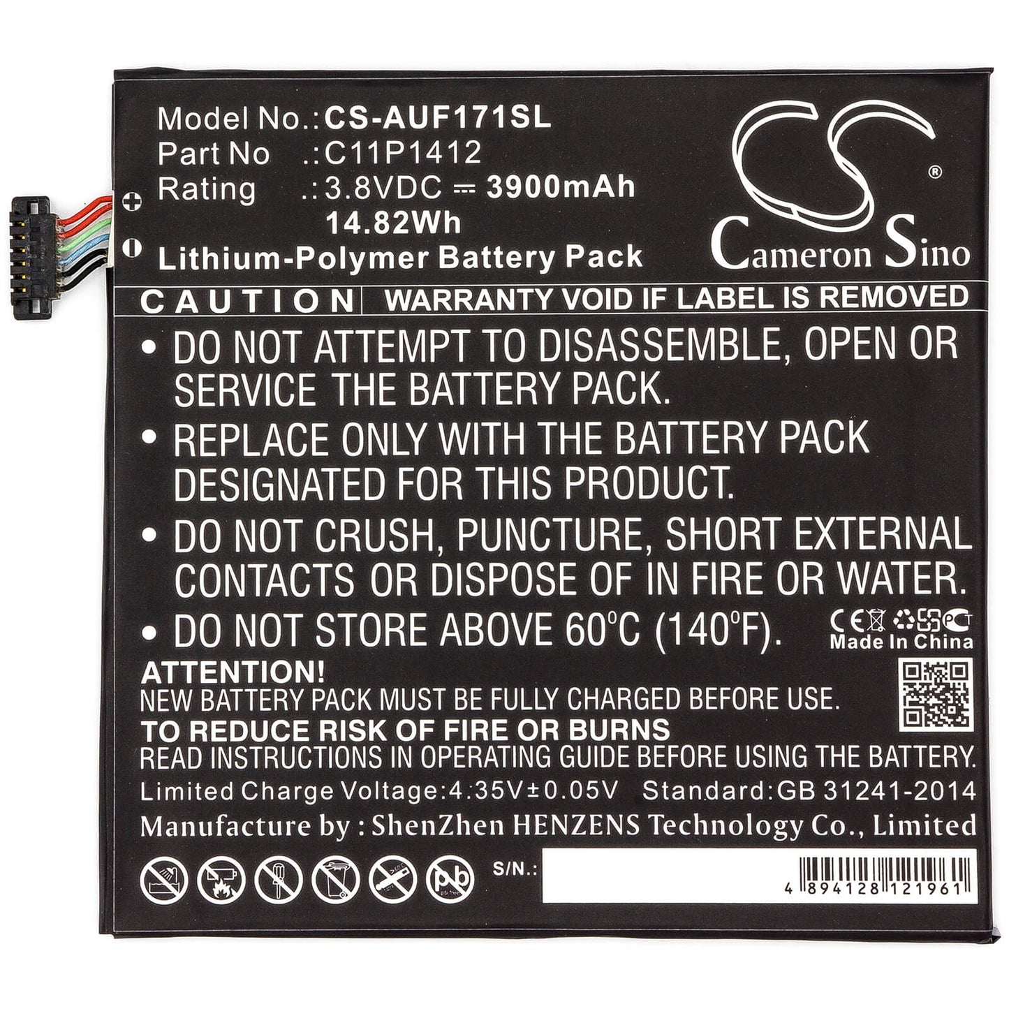 3.8V, 3900mAh, Li-Polymer Battery fits Asus, Fe170cg, Fe175cg, 14.82Wh