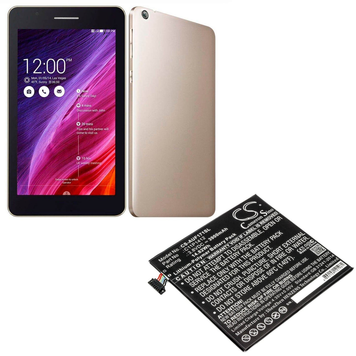3.8V, 3900mAh, Li-Polymer Battery fits Asus, Fe170cg, Fe175cg, 14.82Wh