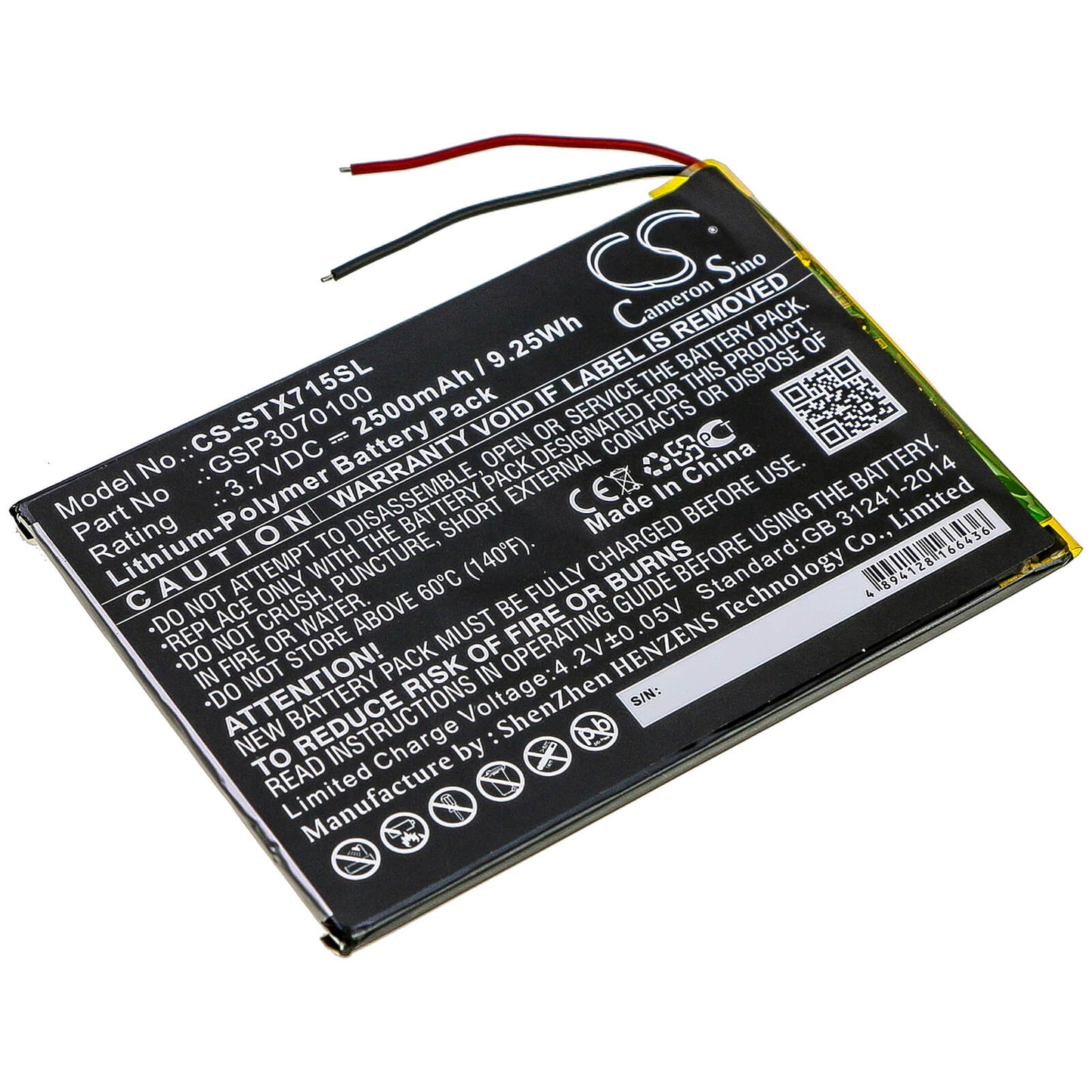 3.7V, 2500mAh, Li-Polymer Battery fits Smartab, St7150, 9.25Wh