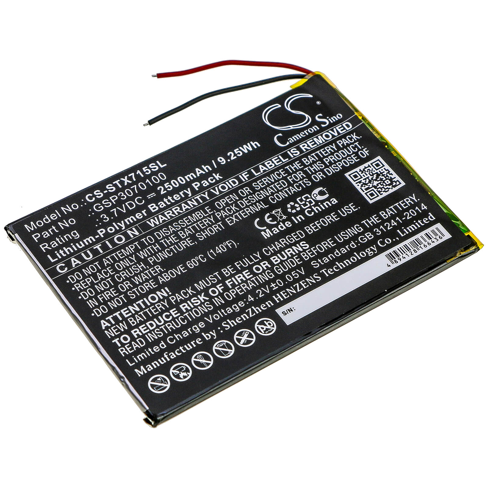 3.7V, 2500mAh, Li-Polymer Battery fits Smartab, St7150, 9.25Wh