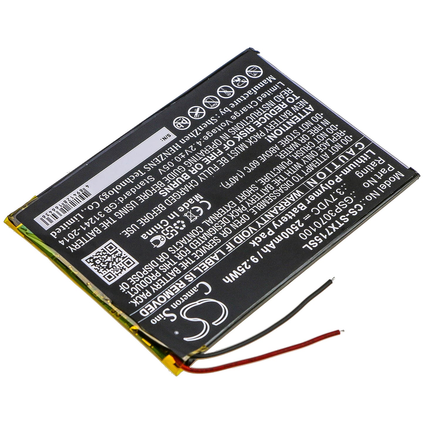 3.7V, 2500mAh, Li-Polymer Battery fits Smartab, St7150, 9.25Wh