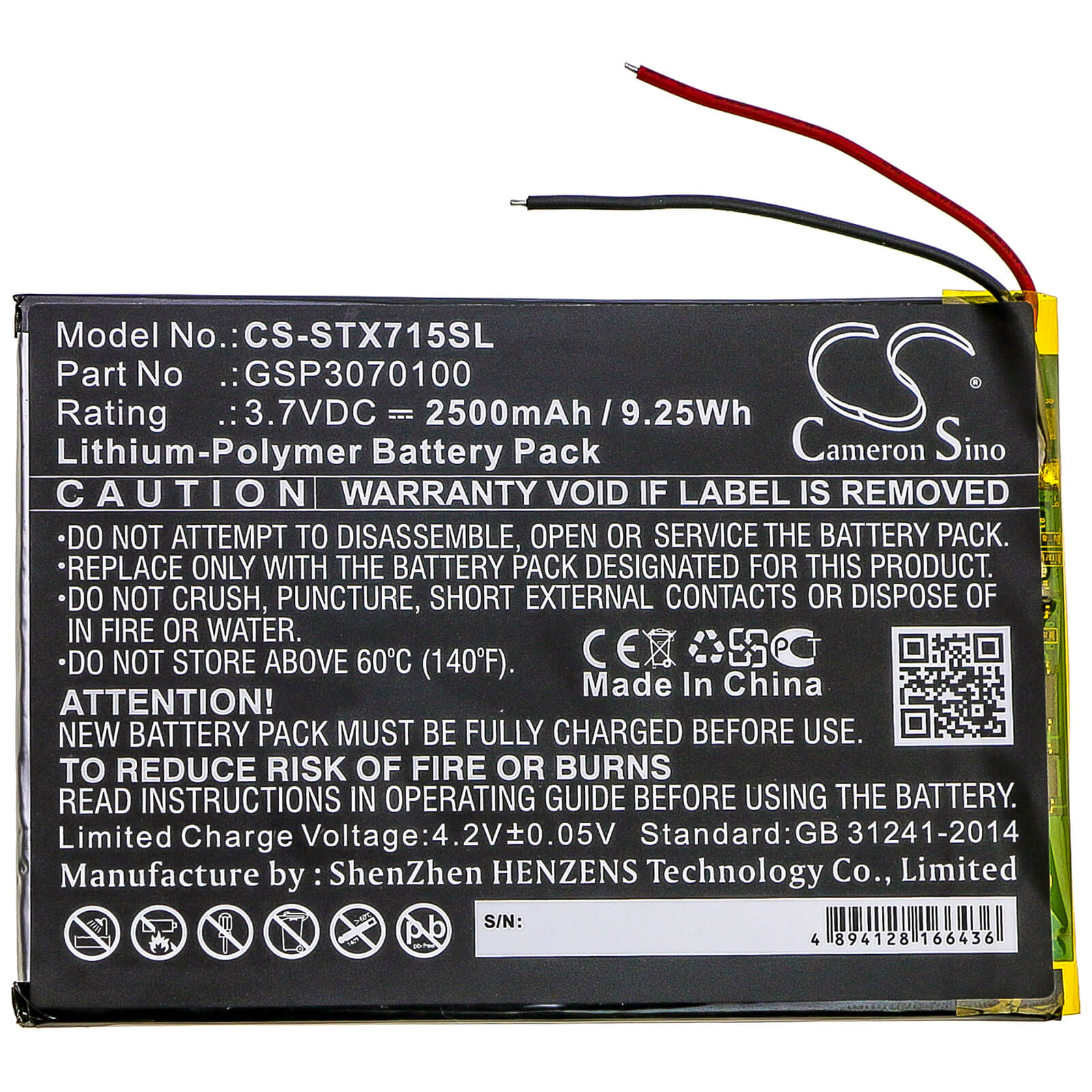 3.7V, 2500mAh, Li-Polymer Battery fits Smartab, St7150, 9.25Wh