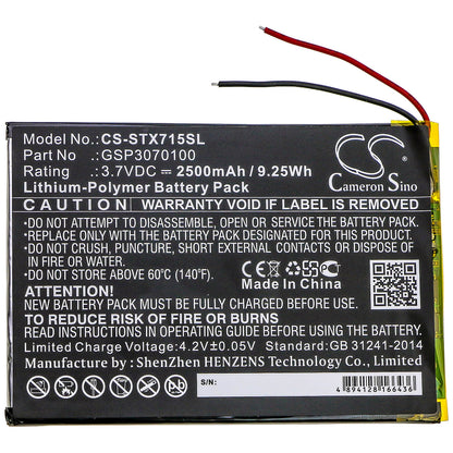 3.7V, 2500mAh, Li-Polymer Battery fits Smartab, St7150, 9.25Wh