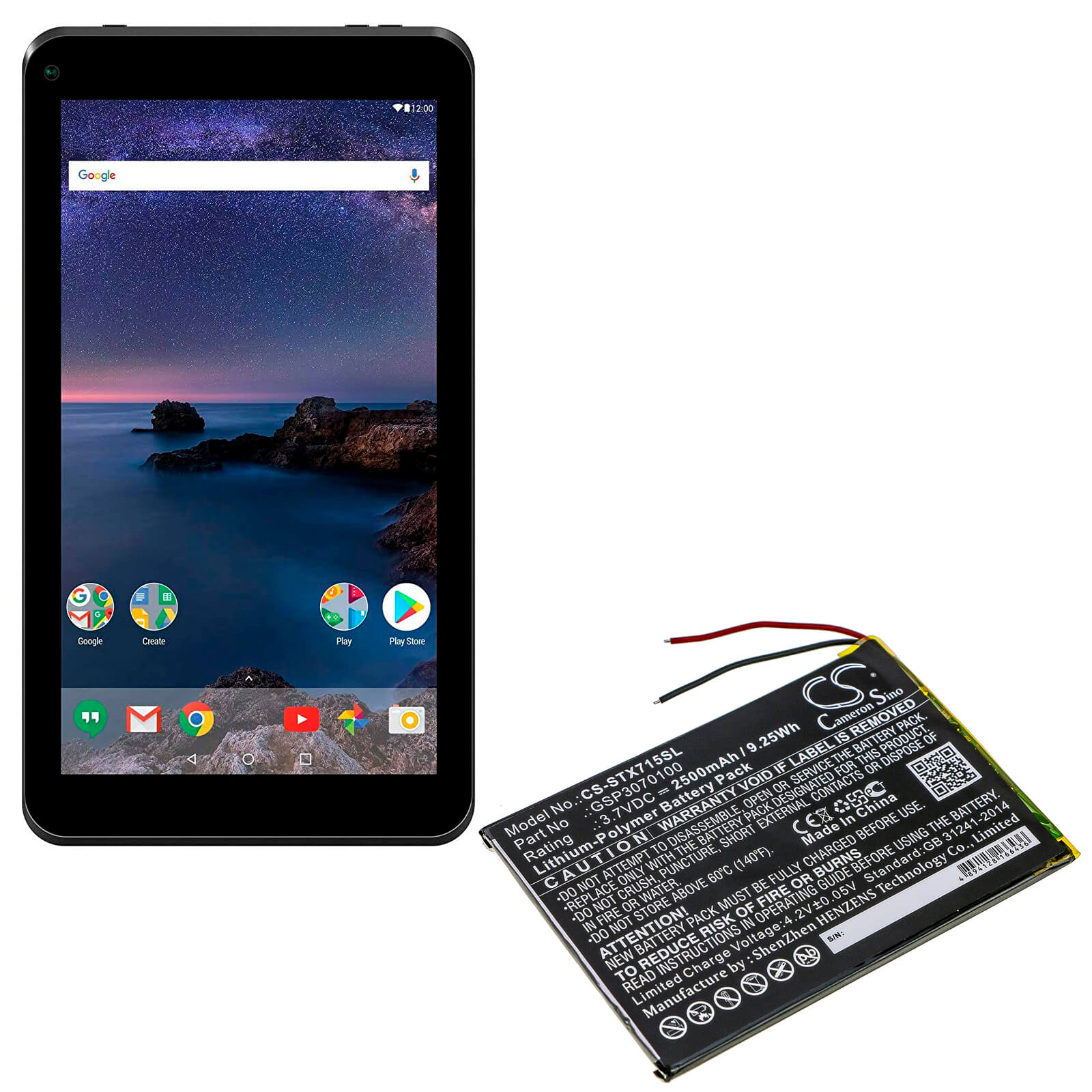 3.7V, 2500mAh, Li-Polymer Battery fits Smartab, St7150, 9.25Wh