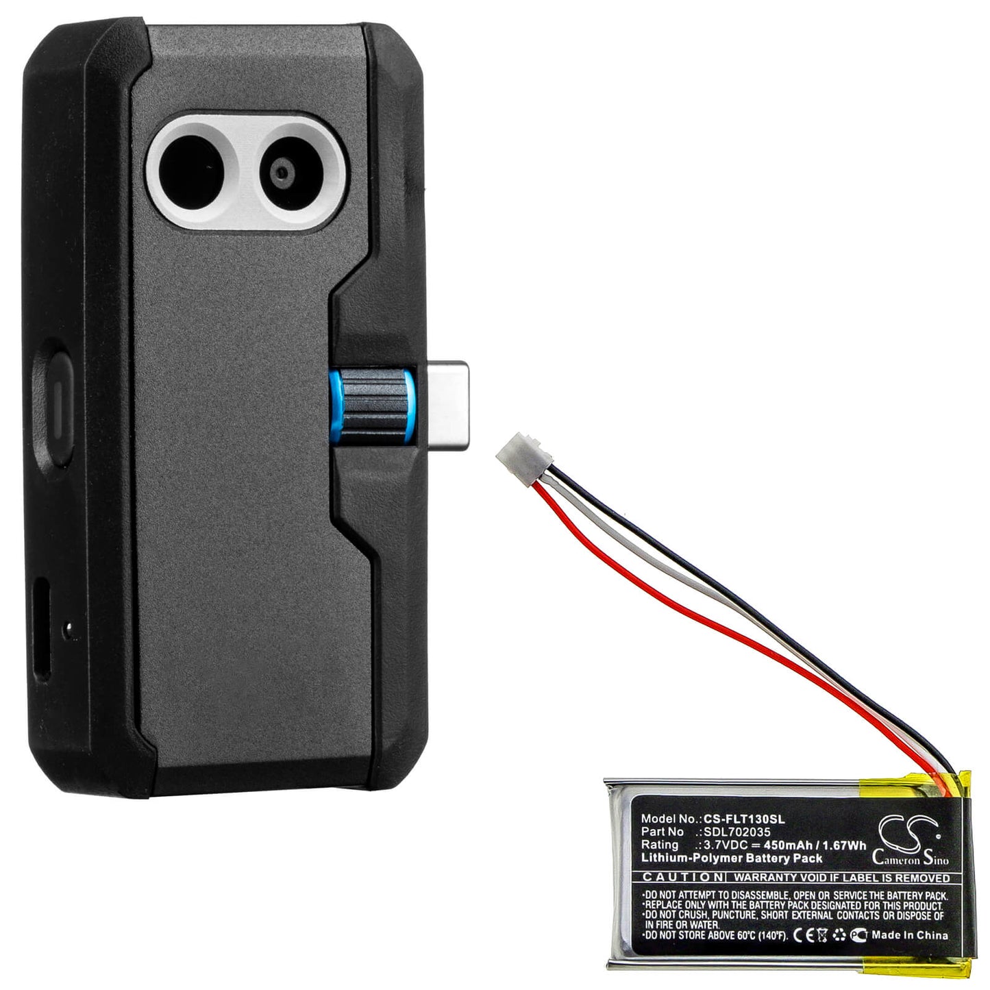 3.7V, 450mAh, Li-Polymer Battery fits Flir, One Pro, 1.665Wh