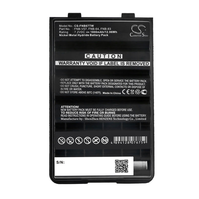 7.2V, 1800mAh, Ni-MH Battery fits Vertex, Ft-250e, Ft-250r, 12.96Wh