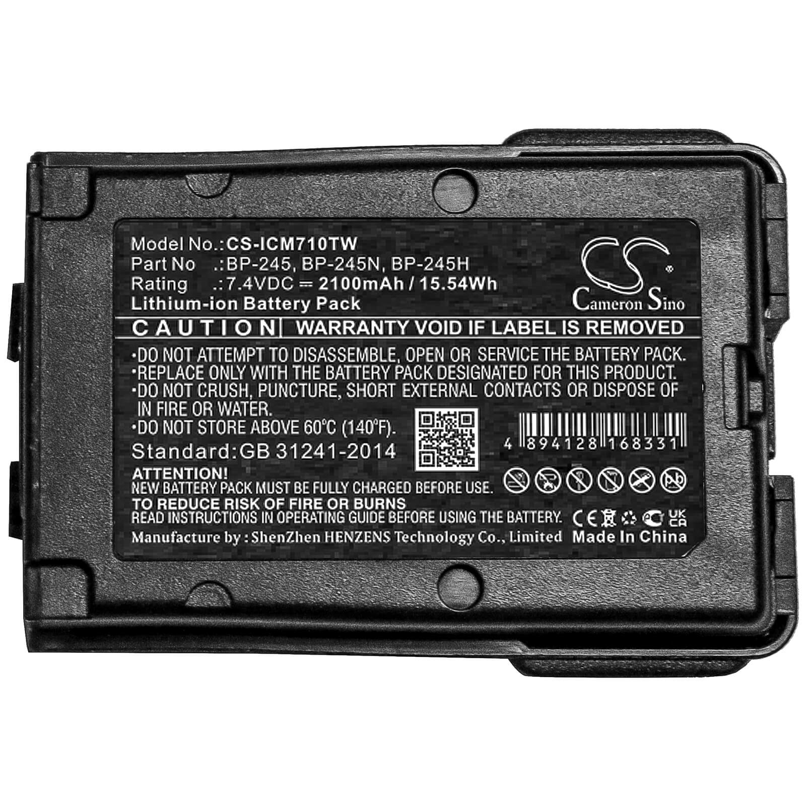 7.4V, 2100mAh, Li-ion Battery fits Icom, Ic-m71, Ic-m72, 15.54Wh