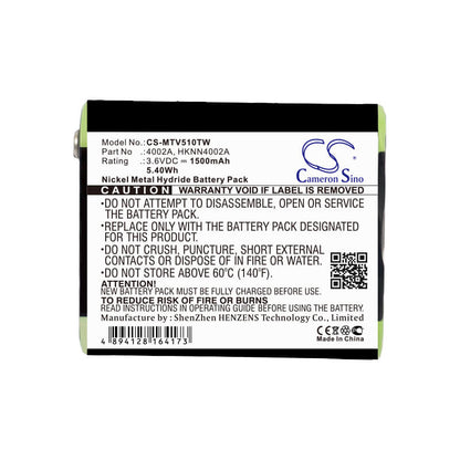 3.6V, 1500mAh, Ni-MH Battery fits Motorola, Em1000, Em1000r, 5.4Wh