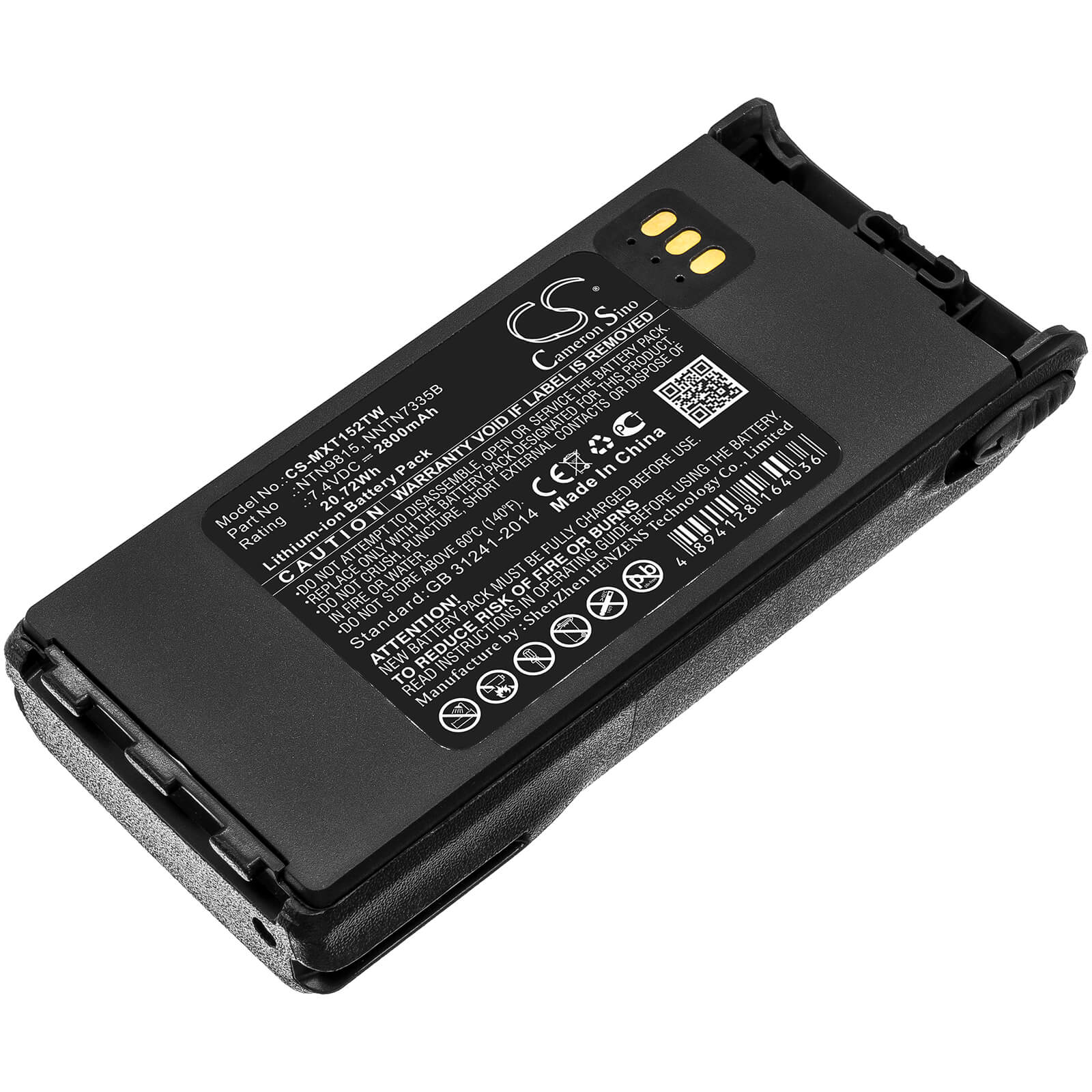 7.4V, 2800mAh, Li-ion Battery fits Motorola, Mt1500, Nt1500, 20.72Wh